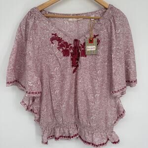 Robert Graham Top Women XL Flutter Sleeve Embroidered Tassel Tie Floral Peasant